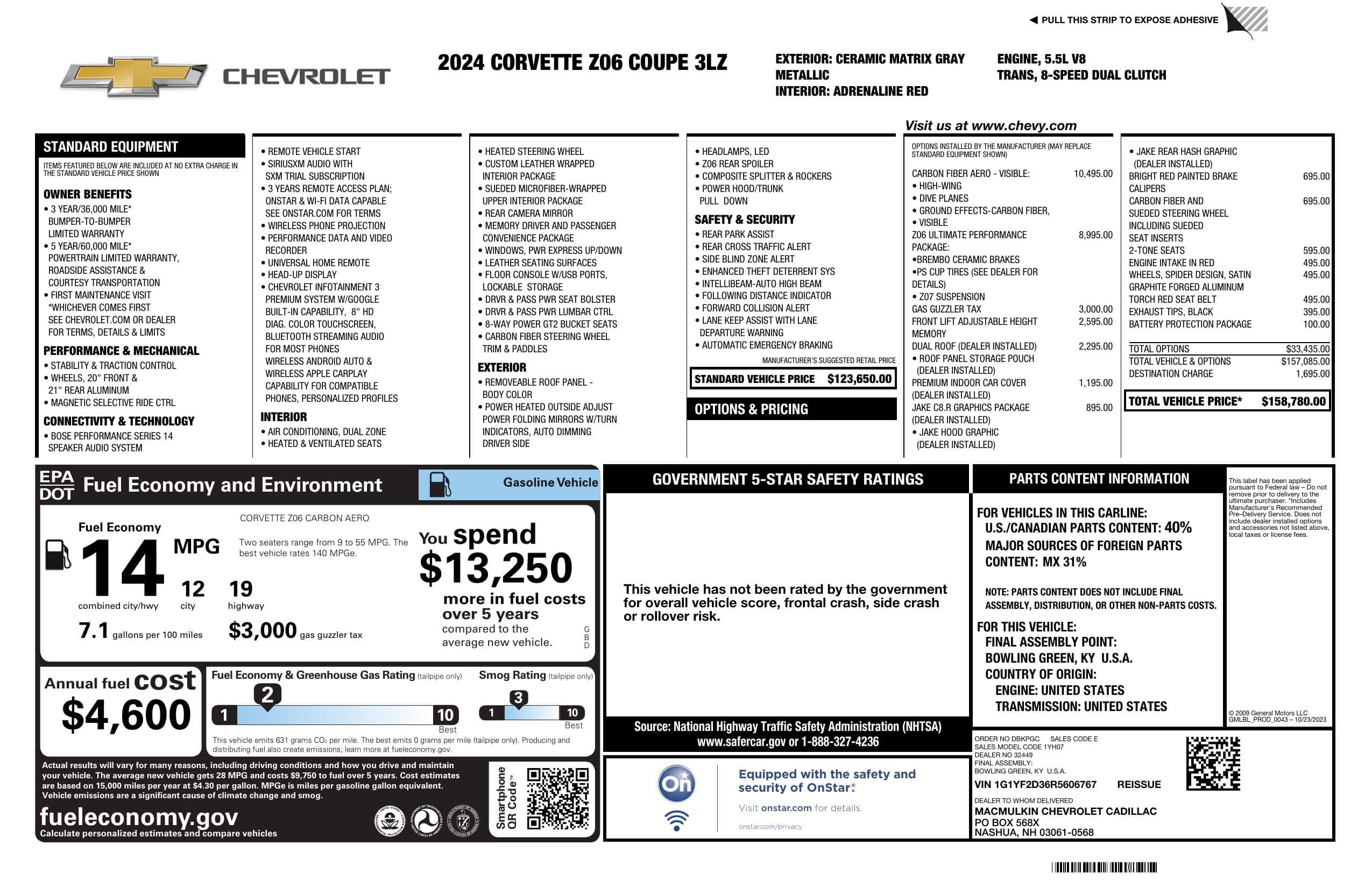 2024 Chevrolet Corvette 3LZ Z06 1 Owner – 800 Miles – $158k MSRP – All Original – Factory Warranty – LIKE NEW full