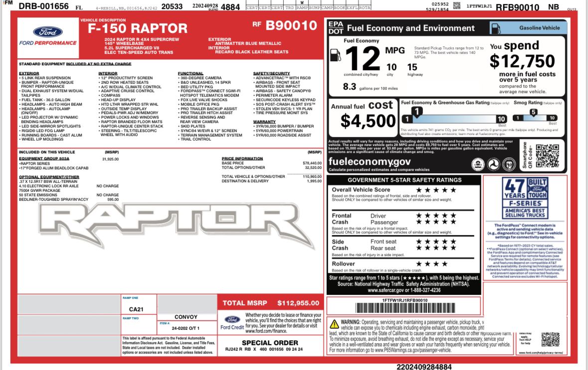 2024 Ford F-150 RAPTOR R -1 Owner – 7k Miles – Like new condition – Factory Warranty full